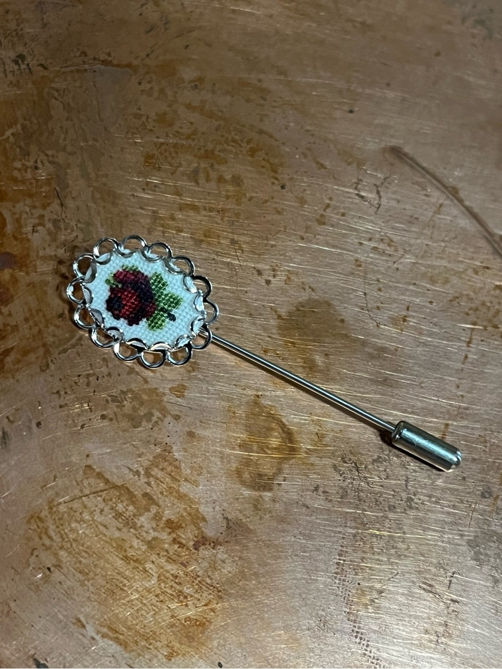 Handcrafted Rose Cross-Stitch Stick Pin with Silver Hardware
